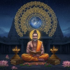 An ethereal scene depicting a serene temple courtyard under a starry night sky, bathed in a soft, luminous glow. In the foreground, an ancient Tamil Vaishnava saint, elegantly dressed in traditional attire with intricate patterns, sits in meditation, surrounded by delicate lotus flowers and sacred texts. The saint is depicted with an aura of wisdom and tranquility, holding a palm leaf manuscript. Behind him, a grand, glowing mandala representing the cosmos frames the scene, symbolizing divine knowledge. The background features traditional temple architecture with intricate carvings, subtly blending with modern digital aesthetics in deep blues and golds. The composition exudes spirituality and reverence, inviting the viewer into a mystical journey through sacred hymns.