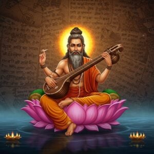 A majestic digital illustration depicting an ancient sage, Narada, with serene expression and long flowing hair, seated on a lotus throne. He is surrounded by a glowing aura, holding a veena (a traditional Indian string instrument) in one hand, symbolizing wisdom and knowledge. The backdrop features intricate patterns of ancient scrolls and scriptures blending seamlessly with modern digital aesthetics, merging traditional Indian motifs with contemporary design elements. The color palette includes rich maroon, gold, and deep blue, creating an atmosphere of wisdom and spirituality. The scene is set against a calm, ethereal background with soft, glowing lights to evoke a sense of reverence and tranquility, inviting the viewer into the world of ancient Hindu legal texts.