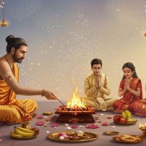 A serene and spiritual depiction of the Narayana Bali Pooja. In the foreground, an Indian priest in traditional attire is performing the ritual with sacred fire (havan kund) at the center, surrounded by offerings of flowers, fruits, and incense. The priest's expression is peaceful and focused. In the background, a family of three, clad in elegant Indian attire, observes the ceremony with reverence. The setting is adorned with soft pastel colors, glowing mandalas, and ethereal lights that convey a sense of tranquility and sacredness. The scene is infused with traditional cultural motifs like lotus flowers and peacock feathers. The atmosphere emphasizes harmony and ancestral peace, blending traditional aesthetics with a modern digital touch.