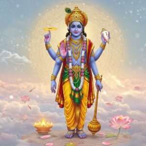 A serene and ethereal depiction of Lord Vishnu, embodying the essence of Narayana Kavacham. He stands majestically with four arms, holding a conch (shankha), discus (chakra), mace (gada), and lotus (padma). His skin is a divine shade of deep blue, and he is adorned with intricate gold jewelry and a crown. The background features a glowing, golden mandala radiating peace and protection, with soft pastel clouds and lotus flowers floating around him. The color palette includes rich golds, serene blues, and warm pinks, creating a tranquil and spiritual atmosphere. The overall composition blends traditional Indian art forms with modern digital aesthetics, emphasizing harmony and divine protection.