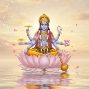 A serene and ethereal scene depicting Lord Narayana, seated majestically on a cosmic lotus floating on a calm water surface. He has four arms, each holding a conch, discus, mace, and lotus flower. His divine form is adorned with intricate golden jewelry and a glowing crown. The background is filled with soft pastel colors like pale pink and warm gold, with gentle glowing mandalas in the sky. Delicate lotus petals float around him, and a soft golden aura surrounds his figure, creating an atmosphere of tranquility and divine grace. The art style combines traditional Indian art with modern digital aesthetics, emphasizing serenity and spirituality.