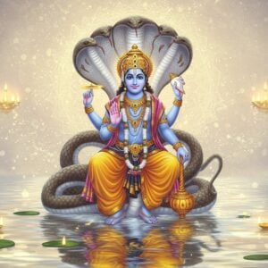 A serene and ethereal depiction of Lord Narayana, an embodiment of Hindu divinity, seated majestically on the cosmic serpent Ananta amidst a calm, celestial ocean. Narayana is portrayed with four arms, each holding a symbolic item: a conch shell (Shankha), a discus (Chakra), a mace (Gada), and a lotus flower (Padma). His skin is a radiant deep blue, symbolizing infinity and cosmic energy. He wears traditional golden jewelry and a crown, signifying his divine status. The background is an exquisite blend of soft pastel colors like pale pink and warm gold, with glowing mandalas and tranquil water surfaces reflecting divine serenity. Gentle, glowing lights surround him, highlighting his aura of tranquility and spiritual essence. The art style merges traditional Indian motifs with modern digital aesthetics, featuring intricate patterns and a dreamlike quality that invites viewers to explore the deeper essence of his divinity.