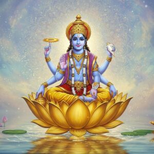 A serene and ethereal scene featuring Lord Narayana, depicted as a majestic figure with four arms. He is seated on a large, golden lotus flower floating on a tranquil, glowing water surface. In his upper right hand, he holds a shining conch shell, and in his upper left hand, a discus with a radiant aura. His lower hands are in the gestures of blessing and reassurance. The backdrop showcases a luminous, intricate mandala with pastel hues of soft blue, pale pink, and warm gold. The surrounding atmosphere is suffused with a gentle glow, symbolizing divine wisdom and tranquility. The art style is a harmonious blend of traditional Indian elements and modern digital aesthetics, with rich colors and intricate patterns, creating a captivating and spiritually uplifting image.