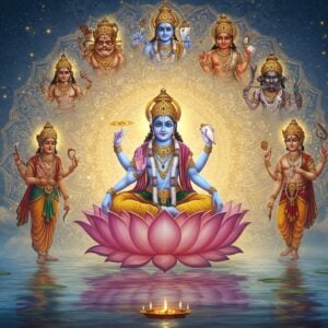An ethereal scene depicting Lord Narayana in a serene, mystical environment. He is shown in his traditional form, with four hands holding a conch, discus, lotus, and mace, sitting on a large lotus flower floating on calm water. Surrounding him are artistic representations of his ten avatars (Dasavatara) - Matsya, Kurma, Varaha, Narasimha, Vamana, Parashurama, Rama, Krishna, Buddha, and Kalki - each depicted in a modern digital aesthetic blending traditional Indian art forms like Madhubani and Pattachitra. The avatars are artistically arranged in a circular pattern around Narayana, symbolizing protection and evolution. The backdrop features a glowing mandala with intricate patterns, illuminated by soft pastel lights in shades of peacock blue and warm gold, with hints of maroon and saffron. The entire scene exudes a spiritual and surreal atmosphere, inviting readers to delve deeper into the lore and significance of these divine manifestations.