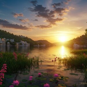 A breathtaking view of Udaipur's lush landscape in 2025, showcasing the serene beauty of Lake Pichola surrounded by verdant hills and vibrant, blooming flora. The scene captures the tranquil waters of the lake reflecting the golden glow of the setting sun, with peacock blue and maroon hues in the sky. Traditional Rajasthani architecture is subtly visible in the distance, seamlessly blending into the natural environment. Lotus flowers float gracefully on the lake surface, while a gentle breeze sways the tall, green grasses along the shore. The atmosphere is peaceful and inviting, embodying a sense of harmony and balance with nature. The art style combines traditional Indian motifs with modern digital aesthetics, ensuring an ethereal and captivating visual experience.