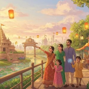An enchanting scene of a futuristic cityscape in 2025, bustling with vibrant life and activity. The foreground features a modern Indian family - parents and two children, joyfully pointing towards various attractions. They're dressed in a blend of traditional and modern attire, with intricate patterns inspired by Madhubani art subtly integrated into their clothing. Surrounding them are stylized representations of local landmarks and hidden gems - a majestic ancient temple with glowing lanterns, a serene park with lotus-filled ponds, and a bustling market adorned with colorful stalls. The sky is an ethereal blend of pastel hues, with soft golden light casting a warm glow over the scene. The overall atmosphere is lively yet harmonious, embodying a sense of discovery and wonder in a digitally-enhanced, culturally rich environment.
