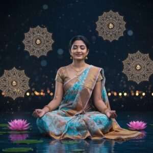 A serene Indian woman seated in a meditative pose on a calm lotus pond, surrounded by ethereal, glowing mandalas floating in the air. She is dressed in an elegant, modern fusion saree that combines traditional patterns with contemporary design, featuring colors like soft blue, pale pink, and warm gold. Her expression is peaceful and introspective, with a gentle smile. The background showcases a harmonious blend of traditional Indian motifs like lotus flowers and spiritual symbols subtly integrated with a digital aesthetic. The scene is bathed in soft, glowing lights that create an atmosphere of tranquility and mindfulness. The overall composition reflects a balance of tradition and innovation, inviting the viewer into a spiritual journey for the modern era.