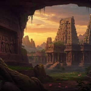 An awe-inspiring digital illustration capturing the essence of ancient Pandava destinations. In the foreground, intricately carved mystical caves, with sacred engravings depicting scenes from the Mahabharata, emerge from lush greenery. To the right, a majestic temple with towering gopurams, adorned with sculptures of the Pandavas, stands against a serene sunset sky. The background reveals an ancient wonder - a vast, forgotten stone structure with ornate pillars, partially covered in vines, hinting at its storied past. The scene is illuminated with a soft golden glow, emphasizing the rich, deep colors of maroon and peacock blue. Cultural motifs such as lotus flowers and subtle Hindu spiritual symbols are woven into the landscape. The overall art style is a blend of traditional Indian art forms and modern digital aesthetics, inviting viewers to embark on a spiritual and historical journey.