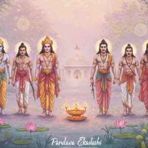 A serene and spiritual depiction of the Pandava brothers, Yudhishthira, Bhima, Arjuna, Nakula, and Sahadeva, standing in a lush, sacred forest during the auspicious Pandava Ekadashi. They are dressed in traditional warrior attire with intricate patterns, blending ancient Indian textiles with a modern digital aesthetic. The brothers are surrounded by glowing lotus flowers and softly illuminated mandalas, symbolizing purity and devotion. The scene is bathed in a tranquil, ethereal light with a pastel color palette of soft blues, warm golds, and gentle greens. In the background, a subtle hint of a temple structure or sacred symbol elevates the spiritual ambiance. The image should exude an atmosphere of harmony and mindfulness, capturing the essence of Pandava Ekadashi.