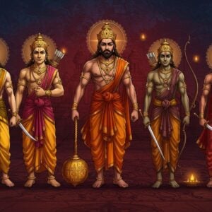 A vibrant digital illustration showcasing the five Pandavas from the Mahabharata, each portrayed with distinct traditional Indian attire and symbolic attributes. Yudhishthira, with a calm demeanor, holds a golden spear and a lotus in his hands. Bhima, strong and mighty, wields a massive mace. Arjuna is depicted with a bow and arrow, wearing a serene expression. Nakula and Sahadeva, the twins, are shown with swords and shields, embodying elegance and wisdom. The scene is set against a backdrop of an ancient Indian landscape, rich with deep maroon and peacock blue hues. Intricate patterns and cultural motifs like mandalas and lotus flowers are woven into the design. Soft glowing lights highlight the figures, creating an ethereal and spiritual atmosphere. This artwork blends traditional elements with a modern aesthetic, emphasizing the enduring impact of their symbolism on contemporary Indian culture.