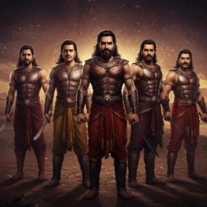 A captivating scene depicting the five Pandavas: Yudhishthira, Bhima, Arjuna, Nakula, and Sahadeva, standing together with determined expressions. They are adorned in traditional yet stylized armor reflecting a blend of ancient Indian warrior attire with modern digital aesthetics. The background showcases a mystical landscape with elements symbolizing their journey: a lush forest representing their birth and childhood, a barren desert symbolizing their exile, and a serene river alluding to the end of their journey. Intricate patterns of mandalas and lotus motifs blend into the scene, with deep colors like maroon and peacock blue creating a harmonious atmosphere. The lighting is ethereal, with soft glowing highlights emphasizing the Pandavas' strength and unity.