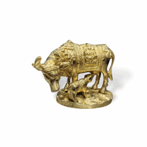 Pure Brass Kamdhenu Gaai With Calf Idol - Kamdhenu Cow with Calf Statue - Standing Gau Mata Idol for Good Luck & Home Office Decor Gifting Purpose