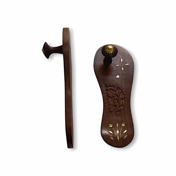 Wooden Beautiful Carved Design Handmade Khadau - Wooden Kharam - Slippers - Paduka - Decorative Charan Paduka - Brown Colour Wooden Khadau - Image 2