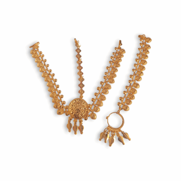 Designing Tayra Tikli with Nose Pin – Gold Finish Tayra Tikli with Nath - Mathapatti - Tayra Tikli for Pooja Purpose - Maa Kali, Maa Durga, Laxmi Mata Sringar Set