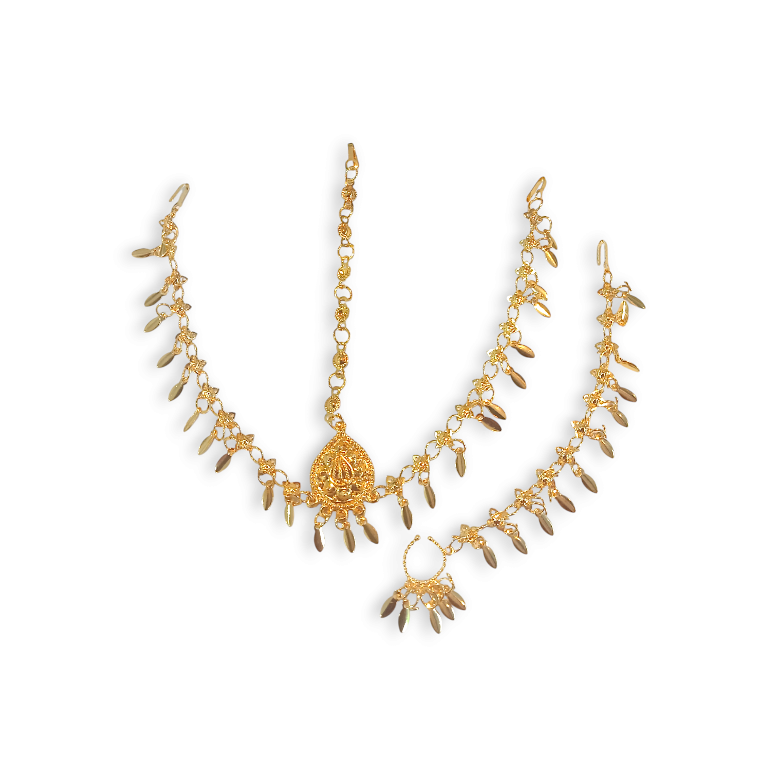 Designing Taira Tikli with Nose Pin - Gold Finish Tayra Tikli with Nath - Matha Patti - Tayra Tikli for Pooja Purpose - Maa Kali, Maa Durga, Laxmi Mata Sringar Set