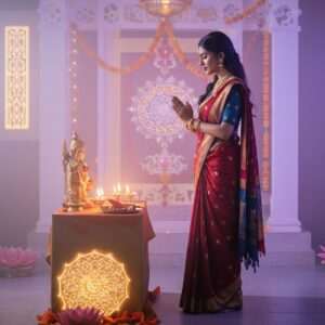 A serene Indian woman performing a Pooja ritual, standing gracefully in front of a beautifully decorated altar. She wears an elegant, contemporary-style saree with rich maroon and peacock blue hues, adorned with delicate gold embroidery. Her hair is styled in a modern twist on traditional braids, and she is surrounded by glowing mandalas and softly illuminated lotus flowers. The background features a harmonious blend of traditional temple architecture and sleek, modern elements, symbolizing the fusion of heritage and modernity. Soft pastel lights cast a tranquil ambiance, while intricate cultural motifs subtly blend into the scene, highlighting spirituality and innovation.