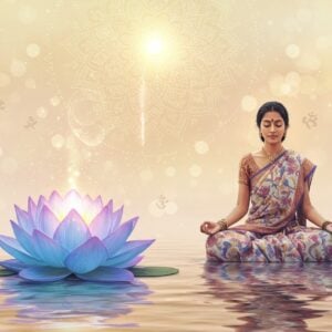A serene, ethereal scene featuring a glowing mandala in the center, casting a gentle light over a calm water surface. In the foreground, a beautifully detailed lotus flower blooms, its petals radiating soft pastel colors of blue and pink. An Indian woman sits gracefully in meditation, dressed in a flowing saree with intricate patterns inspired by traditional Indian art forms. Her serene expression reflects peace and mindfulness. The background is a blend of warm gold and pale pink hues, creating a tranquil atmosphere. Soft glowing lights and subtle spiritual symbols float around her, enhancing the sense of harmony and spirituality. The art style merges traditional Indian aesthetics with a modern digital touch, inviting viewers into a journey of self-discovery and inner peace.