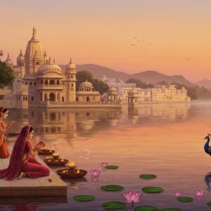 A serene view of Udaipur's mystical landscape at dawn, with the iconic Lake Pichola in the foreground, reflecting the soft pastel hues of the morning sky. In the background, a grand temple with intricately carved domes and arches, glowing softly in warm golden light, symbolizing spiritual enlightenment. Indian women dressed in vibrant traditional sarees perform a graceful ritual by the lake, their silhouettes creating an aura of peace and devotion. Lotus flowers float gently on the calm water surface, while a peacock perches elegantly nearby, adding to the ethereal charm. The art style is a blend of traditional Madhubani patterns with modern digital aesthetics, using deep maroon and saffron with highlights of peacock blue, conveying a sense of tranquility and cultural richness.