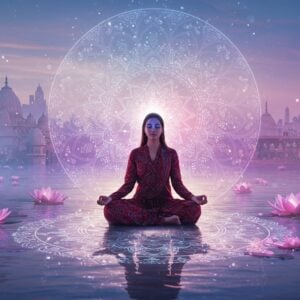 A serene, ethereal scene featuring a modern Indian woman meditating on a calm water surface, surrounded by glowing mandalas and lotus flowers. The woman is dressed in a contemporary fusion of traditional Indian attire with digital patterns in rich colors like maroon and peacock blue. She is bathed in soft, pastel-colored lights that create an aura of tranquility and mindfulness. In the background, a blend of traditional Indian architectural elements and futuristic cityscapes merge seamlessly, symbolizing the union of technology and tradition. The overall atmosphere is peaceful, spiritual, and visually captivating, inviting viewers into a modern spiritual journey.