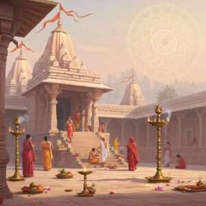 A serene Indian temple scene at dawn, showcasing a traditional temple courtyard bustling with devotees in vibrant traditional attire. The architecture reflects intricate carvings and sculptures, embodying the essence of ancient Indian temple design. A large, intricate mandala is subtly glowing in the background, symbolizing spiritual enlightenment. Devotees are engaged in age-old rituals, with priests performing sacred ceremonies, surrounded by traditional brass lamps and fragrant incense smoke. The atmosphere is rich with cultural motifs, such as lotus flowers and peacock feathers. The scene is illuminated with soft pastel hues of pale pink and warm gold, highlighting the spiritual and peaceful ambiance. The art style merges traditional Indian art forms with modern digital aesthetics, emphasizing tranquility and heritage preservation.