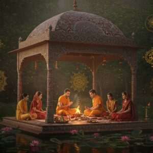 An ethereal scene depicting a serene and spiritual gathering of a traditional Indian family during a Samskara ritual. The family, dressed in elegant, contemporary adaptations of traditional Indian attire, is seated under a beautifully adorned pavilion with intricate patterns inspired by Madhubani and Pattachitra art. The pavilion is surrounded by lush greenery and gentle lotus-filled ponds, with soft golden light filtering through the canopy. In the center, a priest in saffron robes is performing the ritual, with sacred fire and offerings placed on an ornate altar. Delicate mandalas and spiritual symbols float in the air, casting a warm glow over the scene. The colors are rich and deep, with accents of gold, maroon, and peacock blue, creating a harmonious blend of tradition and modernity. The overall atmosphere is tranquil and reverent, capturing the essence of heritage and virtue.
