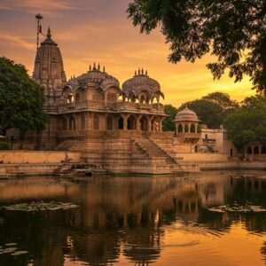 A breathtaking view of an ancient temple in Udaipur, nestled amidst lush greenery and tranquil waters. The temple's intricate architecture showcases a blend of traditional Rajput and modern designs, adorned with elaborate carvings and motifs. The scene is illuminated by a warm, golden sunset, casting ethereal light on the temple's ornate domes and spires. In the foreground, a serene pond reflects the vibrant colors of the sky, surrounded by lotus flowers and gentle ripples. The image captures the essence of spirituality and heritage, inviting the viewer to explore the timeless beauty and cultural richness of Udaipur's sacred spaces. The art style merges traditional Indian elements with a contemporary digital aesthetic, featuring deep maroon, peacock blue, and gold hues.