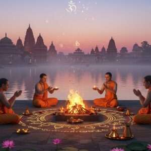 A serene and ethereal scene depicting an ancient Indian ritual being performed under a twilight sky. In the foreground, a group of Indian priests dressed in traditional dhotis with gold and saffron accents are engaged in a sacred fire ceremony (Yagna), their hands raised in reverence. The fire burns brightly, casting a warm golden glow that illuminates intricate patterns on the ground resembling a mandala. Behind them, a tranquil river reflects the soft pastel hues of the sky, and lotus flowers gently float on its surface. The backdrop features an ancient temple adorned with rich maroon and peacock blue motifs, seamlessly blending traditional architecture with modern digital aesthetics. The air is filled with spiritual symbols subtly glowing in the sky, emphasizing the theme of heritage and mindfulness. The overall ambiance is one of harmony and spiritual depth, inviting the viewer to explore the cultural significance of these timeless rituals.