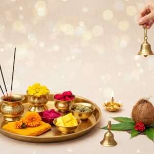 A serene and ethereal depiction of a traditional Indian puja setup, featuring an intricately designed brass thali filled with authentic Puja Samagri like sandalwood paste, fresh marigold flowers, sacred incense sticks, and a small kalash adorned with mango leaves and coconut. The background is a harmonious blend of modern digital aesthetics and traditional Indian art forms, showcasing glowing mandalas and lotus motifs in a soft pastel color palette of pale pink, warm gold, and soft blue. The scene is illuminated with gentle, glowing lights to create a tranquil and spiritual atmosphere. An Indian priest in traditional attire, with serene expression, gently ringing a small brass bell, enhancing the sense of sacredness. The overall composition is both contemporary and deeply rooted in cultural heritage, reflecting the essence of preserving sacred traditions in 2025.