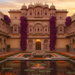 A majestic Rajasthani haveli bathed in the warm glow of the setting sun, its intricate facades adorned with traditional carvings and jharokhas. The haveli's grand entrance is flanked by ornate pillars and lush, blooming bougainvillea cascading down the walls. In the foreground, a serene courtyard with a reflective water pool, surrounded by vibrant marigolds and lotus motifs etched in stone. The atmosphere is serene and inviting, with soft, ethereal lighting casting long shadows, highlighting the haveli's architectural splendor. The art style should merge traditional Rajasthani artistry with modern digital aesthetics, using rich colors like maroon and gold to enhance the historical grandeur, while ensuring a balanced blend of heritage and contemporary allure.