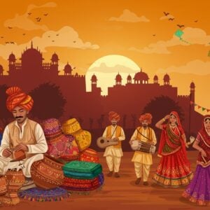 A vibrant, colorful scene showcasing the essence of Rajasthan's cultural heritage. In the foreground, a skilled Rajasthani artisan is intricately crafting a piece of traditional pottery, surrounded by an array of vibrant fabrics and handcrafted jewelry. Behind him, the majestic silhouette of a Rajasthani fort looms under a golden sunset, its architecture highlighted in rich hues of maroon and gold. To the side, a lively festival procession featuring locals in traditional attire, adorned with turbans and lehengas in peacock blue and saffron, dances through the street with traditional instruments. The sky above is filled with pastel-colored kites, symbolizing celebration and freedom. The overall atmosphere is one of vibrancy, tradition, and timeless beauty, with a modern digital aesthetic that enhances the intricate patterns and deep colors of Rajasthan.