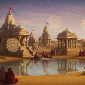 An ethereal depiction of Rajasthan's sacred journey, showcasing a serene desert landscape under a starry night sky. In the foreground, a tranquil oasis reflects the soft glow of the moon, surrounded by golden sands and ancient, intricately carved stone temples that echo the spiritual essence of Rajasthan. The temples are adorned with glowing mandalas and lotus motifs, highlighting their sacred nature. A group of pilgrims dressed in traditional Indian attire, including flowing sarees in maroon and peacock blue, are seen offering prayers with folded hands. The scene is illuminated by soft, warm lighting that enhances the spiritual ambiance, with subtle pastel hues adding a modern digital aesthetic. The overall tone emphasizes peace, devotion, and the timeless beauty of Rajasthan's spiritual heritage.