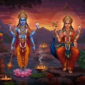 An intricate digital artwork depicting a vibrant Indian landscape with various regional deities, each represented with distinct features and traditional attire. In the foreground, a deity with four arms stands gracefully, holding a lotus flower, conch shell, discus, and mace, surrounded by glowing mandalas and softly flowing water. In the background, another deity sits serenely on a peacock, adorned with a crown and peacock feathers. The scene is enriched with cultural motifs like marigold garlands, incense smoke, and temple architecture, rendered in deep hues of maroon, gold, and peacock blue. The image conveys a sense of spirituality and diversity, inviting viewers to explore the richness of India's regional traditions. The overall aesthetic is modern yet deeply rooted in traditional Indian art forms, with a touch of surreal and ethereal light effects.