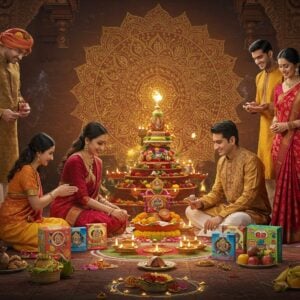 A vibrant and festive scene depicting a traditional Indian family gathered around an intricately decorated altar, celebrating diverse Regional New Year festivals. The altar is adorned with colorful flowers, oil lamps, and Poojn's festive kits. The family members, dressed in elegant, modernized traditional attire featuring deep hues of maroon, saffron, and peacock blue, are seen engaging in rituals such as lighting incense and offering fruits. In the background, a large, ornate mandala glows softly, symbolizing unity and spirituality. The setting is enriched with cultural motifs like lotus flowers and rangoli patterns on the floor. The scene is bathed in soft golden light, conveying a sense of harmony and joy, with subtle digital aesthetics that blend tradition with contemporary design.