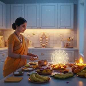 In a serene and ethereal kitchen setting, an Indian woman in a traditional saffron saree gracefully prepares Prasadam, surrounded by a warm, glowing ambiance. The kitchen is adorned with intricate patterns reminiscent of Madhubani art, featuring lotus flowers and spiritual motifs. Soft pastel hues of blue and pink light the space, creating an atmosphere of tranquility and reverence. A gentle, golden light emanates from a sacred altar with offerings, including vibrant fruits and flowers, and a small glowing mandala hovers above it. The scene captures the essence of devotion and mindfulness in the preparation of sacred food, inviting the viewer to explore the spiritual journey within Hinduism's culinary traditions.