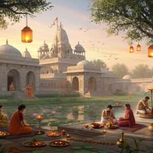 A serene, ethereal depiction of a traditional Indian temple complex at dawn, with intricate architectural details and vibrant frescoes inspired by Madhubani and Pattachitra art styles. The temple is surrounded by lush greenery, lotus-filled ponds, and softly glowing lanterns hanging from ancient trees. In the foreground, a family in traditional attire is seen participating in a ritual, with marigold flowers and incense sticks enhancing the spiritual atmosphere. The sky is painted in pastel hues of pink and gold, casting a warm glow over the scene. Elements of local culture, like women preparing traditional dishes and artisans crafting handmade goods, are subtly integrated, reflecting the rich tapestry of India's traditions. The overall tone is tranquil and inviting, embodying both heritage and modernity.