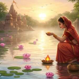 A serene and ethereal depiction of an Indian woman in traditional attire, gracefully performing a ritual at the edge of a sacred river. The river's surface glows softly with pastel hues of soft blue and pale pink, reflecting the warm golden light of the setting sun. Intricate lotus flowers float on the water, surrounded by gentle ripples. In the background, ancient temples and lush greenery are visible, shrouded in a mystical mist. The woman's expression is one of deep spirituality and tranquility, with her hands cupped together, holding sacred water. The scene is imbued with a sense of peace and reverence, capturing the sacred connection between the divine and nature. The art style merges traditional Indian motifs with modern digital aesthetics, featuring intricate patterns and rich colors like saffron and peacock blue.