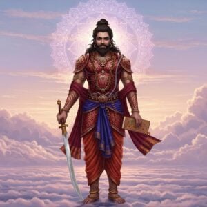 A majestic depiction of Sahadeva, the youngest Pandava, standing in an ethereal landscape. He is adorned with ornate armor and rich silk garments, reflecting deep maroon and peacock blue hues. Intricate patterns inspired by Madhubani and Pattachitra art adorn his attire, showcasing traditional Indian motifs like lotus flowers and mandalas. Sahadeva holds a sword in one hand and a sacred book in the other, symbolizing his warrior skills and wisdom. His serene expression embodies harmony and mindfulness. Surrounding him are soft pastel-colored clouds and a glowing mandala in the sky, creating a spiritual aura. The art style should be hyperrealistic with a modern digital aesthetic, capturing the essence of Sahadeva's significance across cultures.