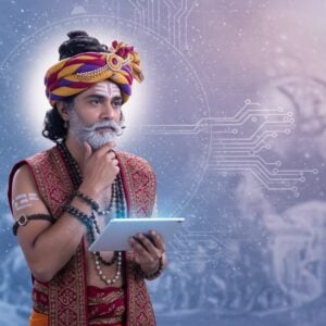 An Indian man with serene and wise features, embodying Sahadeva, stands in a contemporary setting. He wears traditional attire with intricate patterns reminiscent of Madhubani art, in colors of maroon and gold. His gaze is thoughtful, and he holds a digital tablet glowing softly, symbolizing his knowledge of astrology and foresight. The background features a blend of ancient and modern elements: a stylized, ethereal mandala with digital circuits woven into its design, and subtle motifs of stars and celestial bodies. Soft pastel hues of blue and pink create an atmosphere of tranquility and wisdom. The scene captures the fusion of ancient wisdom with modern technology, inviting viewers to explore Sahadeva's relevance in today's world.