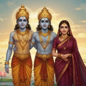 In a serene celestial landscape, the Ashwini Kumaras, the divine twin horsemen of the Vedic pantheon, are depicted with regal grace. They possess radiant, youthful faces and are adorned in opulent gold and saffron garments with intricate patterns reminiscent of Madhubani art. Their presence exudes a sense of ethereal light, with softly glowing auras in pastel hues of pale blue and warm gold. Beside them stands Madri, gracefully draped in a flowing maroon saree, her expression serene and eyes reflecting divine connection. She is surrounded by a halo of soft, glowing lotus flowers, symbolizing purity and spiritual harmony. The background features a tranquil, surreal skyscape with calming water surfaces reflecting the celestial glow. The overall art style merges traditional Indian motifs with modern digital aesthetics, creating a harmonious blend of past and present, inviting the viewer into a world of myth and divine connection.