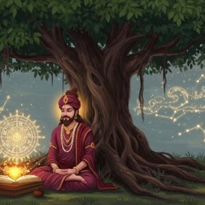 A serene, ethereal scene featuring Sahadeva from the Mahabharata, portrayed as a wise seer and astrologer. He is depicted sitting cross-legged under a large, ancient banyan tree with dense foliage, wearing traditional Indian attire in rich, deep colors of maroon and peacock blue, adorned with subtle gold jewelry. In front of him, a glowing mandala and astrological charts hover in the air, emitting soft golden and pale blue lights. His gaze is focused and thoughtful, conveying his profound knowledge of Prasna Shastra. Surrounding him are intricate patterns of celestial bodies and constellations, blending the traditional with the digital. The overall tone is tranquil and mystical, inviting readers to delve into his astrological wisdom. The style combines elements of Madhubani and Pattachitra with modern digital aesthetics, creating an intriguing blend of tradition and innovation.