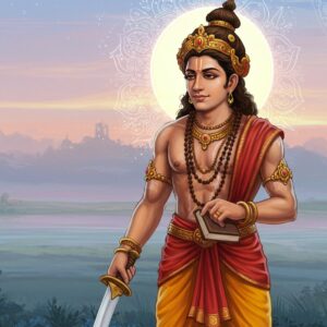 Sahadeva, the youngest of the Pandavas, depicted with his distinct calm demeanor and wisdom, standing with a contemplative expression. He is dressed in traditional warrior attire with intricate designs inspired by Pattachitra art. The background features a serene landscape with glowing mandalas and soft pastel colors, blending spiritual elements with modern digital aesthetics. Sahadeva holds a sword in one hand, symbolizing his strength, while the other hand rests on a book, representing his wisdom. The scene is illuminated by a gentle, ethereal light that highlights his thoughtful eyes and the rich details of his attire, emphasizing both his inner strengths and vulnerabilities. The overall composition exudes a sense of mindfulness and introspection, inviting the viewer to explore his character further.