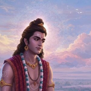 Sahadeva, one of the Pandavas from the Mahabharata, depicted in a serene landscape, his gaze distant and contemplative, symbolizing his profound foresight. He is adorned in traditional Indian attire with intricate patterns, in colors of maroon and peacock blue. In the background, an ethereal glow envelops the scene, with soft, pastel-colored clouds and a large, glowing mandala. His expression is a mix of wisdom and melancholy, with subtle cultural motifs like a lotus flower and Hindu spiritual symbols subtly woven into the scene. The overall atmosphere is tranquil yet thought-provoking, blending traditional Indian art styles with modern digital aesthetics to create a captivating and spiritual visual narrative.