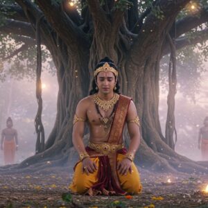 Sahadeva, the youngest of the Pandava brothers, kneeling in a serene forest setting under a large, ancient banyan tree. His face is a portrait of deep sorrow and contemplation, reflecting his grief. He is dressed in traditional regal attire with intricate gold and maroon patterns, adorned with minimal yet elegant jewelry. Surrounding him are ethereal glowing lights and soft, pastel-colored mist creating an aura of spirituality and introspection. In the background, subtle silhouettes of his brothers can be seen, symbolizing support and unity amidst adversity. The scene captures a balance of traditional Indian elements with modern digital aesthetics, emphasizing the emotional depth and resilience depicted in the Mahabharata.