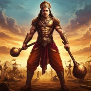 Sahadeva, the youngest Pandava, stands valiantly on a battlefield, showcasing his mace-fighting prowess. He is clad in traditional Indian armor, intricately designed with motifs reminiscent of Madhubani and Phad art, featuring deep maroon and gold hues. The scene captures a moment of intense focus, as Sahadeva prepares to engage in battle, his eyes filled with determination. Around him, the chaos of war is artistically rendered with soldiers and chariots, blending seamlessly with modern digital aesthetics. The background is a dynamic swirl of saffron and peacock blue clouds, hinting at the epic scale of the Mahabharata. The lighting casts a soft glow over Sahadeva, highlighting his role as a strategic warrior.