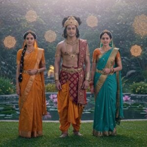 Sahadeva, the youngest Pandava brother, stands regally amidst a lush, verdant landscape with his wives. He is adorned in a richly embroidered royal dhoti with intricate golden patterns, his armor gleaming in hues of maroon and peacock blue. His calm yet resolute expression reflects wisdom and strength. Beside him, his wives are depicted in vibrant, flowing traditional sarees of saffron and teal, each adorned with delicate jewelry and flowers in their hair. They stand gracefully, exuding elegance and poise. The background features a serene lotus pond with glowing mandalas hovering subtly in the air, casting a tranquil ambiance. The lighting is ethereal with soft pastel tones, creating a harmonious blend of tradition and modernity. This scene captures the essence of kinship and polygamy in the Mahabharata, inviting viewers to delve into its complexities.