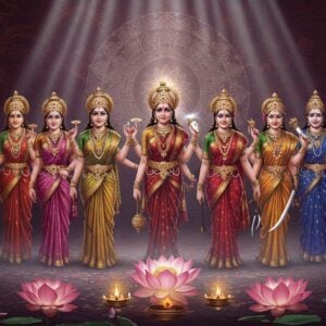 A mesmerizing depiction of the Sapta Matrikas, the seven divine mothers of Hindu mythology, each with distinct features and attributes, standing in a semi-circle formation. The Matrikas are depicted in traditional Indian attire, each adorned with intricate jewelry and headpieces, holding their respective weapons: Brahmani with a water pot and rosary, Vaishnavi with a conch and discus, Maheshvari with a trident, Indrani with a thunderbolt, Kaumari with a spear, Varahi with a plowshare, and Chamunda with a sword and shield. The background features a richly detailed tapestry of deep maroon and gold, with a large glowing mandala symbolizing their collective power. The scene is illuminated with soft pastel lighting, highlighting the serene and spiritual aura of the Matrikas. Large lotus flowers and ethereal light beams enhance the mystical atmosphere, ensuring the image is both traditional and modern in its aesthetic appeal.