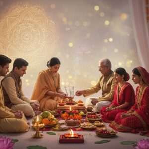 A serene and ethereal scene depicting an Indian family, dressed in elegant, modern-traditional attire, gathered around an intricately decorated altar for Shraadh rituals. The altar is adorned with offerings of fruits, flowers, and incense, with golden and maroon hues creating a warm, sacred ambiance. In the background, soft pastel colors and glowing lights create a tranquil setting, with a large, luminous mandala symbolizing the spiritual connection to ancestors. An elder guides the family through the rituals with gentle reverence, while lotus flowers and subtle Hindu motifs add cultural depth. The atmosphere is peaceful and reflective, merging heritage with contemporary aesthetics, highlighting the importance of these timeless traditions in 2025.