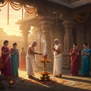 A serene South Indian temple courtyard bathed in the soft glow of a warm, golden sunrise. In the foreground, a priest in traditional white dhoti and angavastram is performing a ritual with a brass kalash (pot) filled with vibrant marigold flowers and holy water, surrounded by incense smoke spiraling gracefully. The backdrop showcases intricately carved temple pillars adorned with motifs of lotus flowers and deities, reflecting the intricate beauty of South Indian architecture. To the side, a group of devotees, including women in elegant silk sarees of rich maroon and peacock blue, are gathered in a semi-circle, their expressions serene and contemplative. The scene is infused with elements like traditional rangoli patterns on the ground and soft pastel-colored garlands hanging above, enhancing the tranquil and spiritual atmosphere. The art style should blend traditional Indian aesthetics with a modern digital flair, capturing the essence of cultural heritage in a contemporary light.
