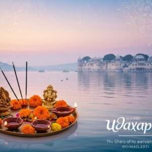 A serene scene depicting the tranquil waters of Lake Pichola in Udaipur, with the iconic Lake Palace floating majestically. In the foreground, a traditional Indian pooja thali is artistically arranged with vibrant marigold flowers, glowing diyas, incense sticks, and a small idol of Lord Ganesha. The background features an ethereal glow with soft pastel hues of dawn, casting a spiritual and calming aura over the entire scene. Intricate mandala patterns subtly overlay the sky, adding a touch of digital elegance. The water reflects the sky's colors, enhancing the atmosphere of peace and spirituality. This visual blend of Udaipur's cultural richness and modern digital art creates an inviting allure for readers.