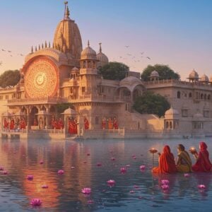 A breathtaking scene of a serene Udaipur temple at sunrise, with the tranquil waters of Lake Pichola reflecting the vibrant hues of the dawn sky. The temple is adorned with intricate carvings and rich colors of saffron and maroon, with a large, glowing mandala above the entrance. In the foreground, a group of Indian devotees dressed in traditional attire participate in a peaceful morning ritual, holding lotus flowers and offering prayers. The atmosphere is ethereal and spiritual, with soft pastel tones of blue and pink highlighting the calm water surface and gently floating petals. The art style combines traditional Indian art forms with modern digital aesthetics, emphasizing spirituality and cultural richness.